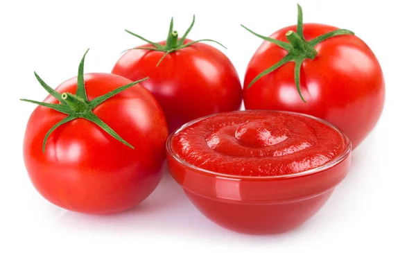 Pomodori Freschi Con Ketchup Isolato Fondo Bianco — Foto Stock