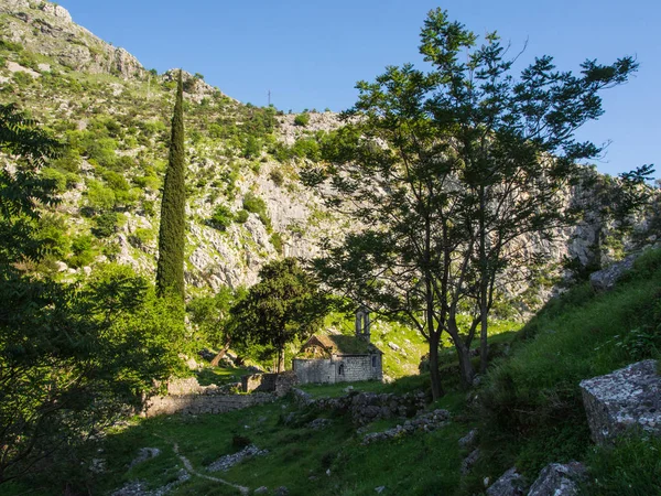 Antigua Capilla Abandonada Las Montañas Detrás Fortaleza Kotor Montenegro Kotor —  Fotos de Stock