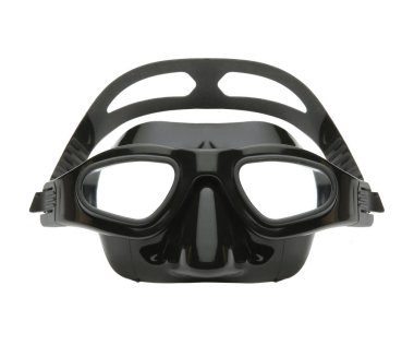 Beyaz, açık görünüm izole siyah silikon dalış maske