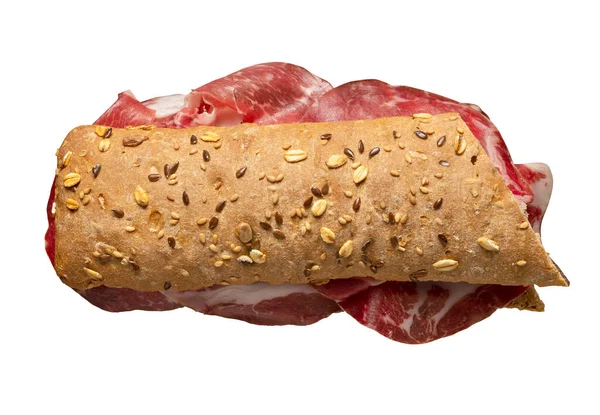 Chleb Zbożowy Miedzią Krojona Wieprzowina Peklowana Izolowany Białym — Zdjęcie stockowe