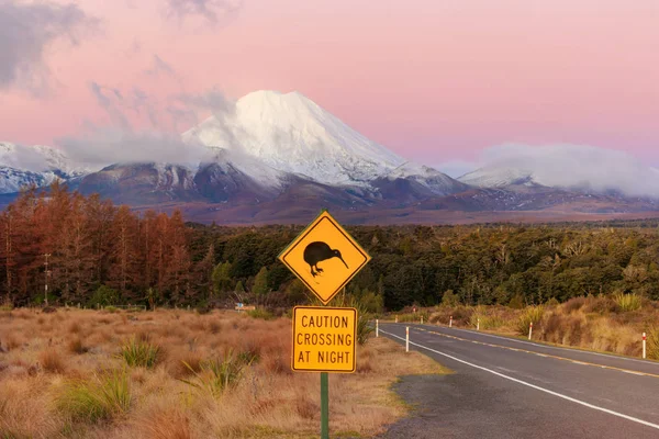 Kiwi Silnice Znamení Sopka Ngauruhoe Při Západu Slunce Tongariro National — Stock fotografie