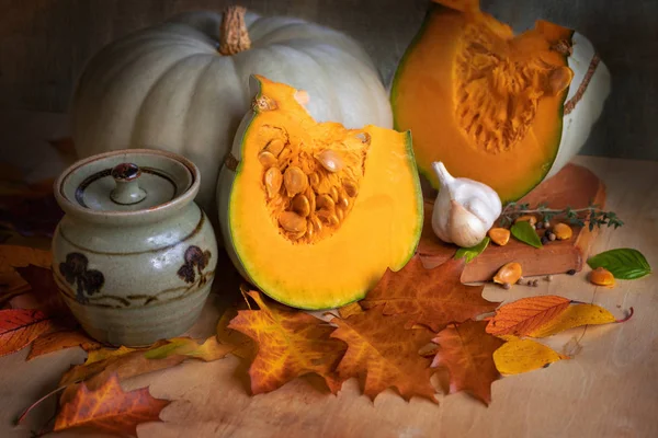 Soupe de légumes de citrouille fraîche coupée ingrédients feuilles d'automne — Photo
