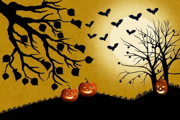 Halloween landscape with pumpkins in the dead grass. The moon shines bright and the bats fly hunting for insects