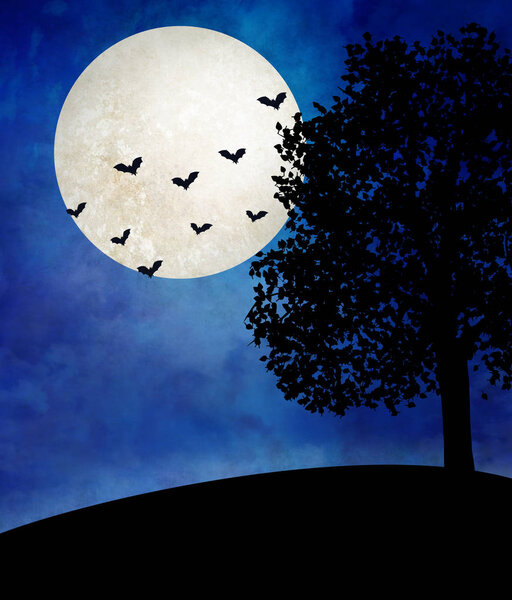 Halloween moon over desolate landscape with a lonely tree and bats flying in the sky