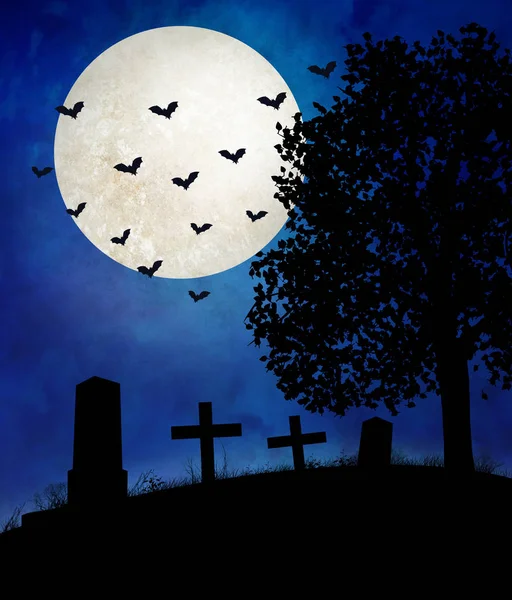 Halloween Night Deserted Abandon Cemetery Gravestones Crosses Moon Shining Bats — Stock Photo, Image