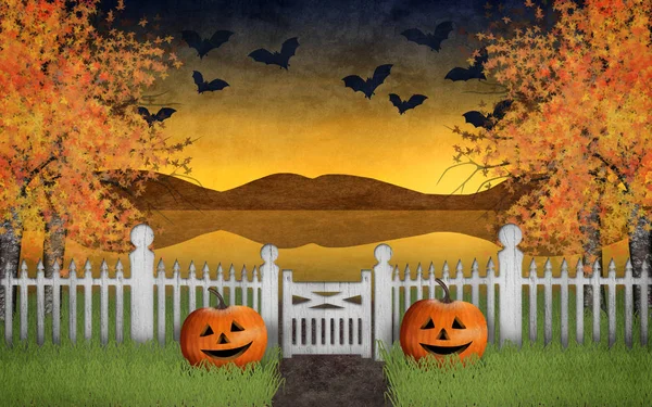 Halloween Garden Pumpkins Beautiful Autumn Landscape Background Bats Fly Sky — Stock Photo, Image