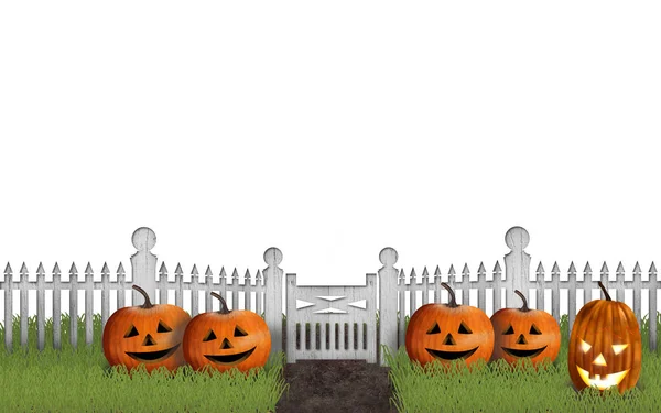 Halloween Garden Pumpkins Front Fence Isolated White — Stock Photo, Image