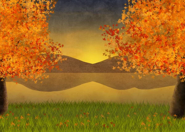 Illustration Und Hintergrund Der Herbstlichen Landschaft Mit Ahornbäumen Und Blick — Stockfoto