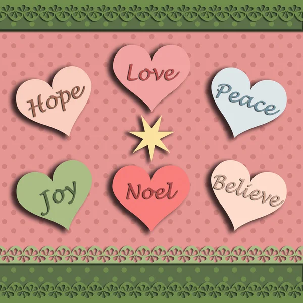 Christmas Card Words Hope Joy Love Believe Peace Noel Hearts — Stock Photo, Image