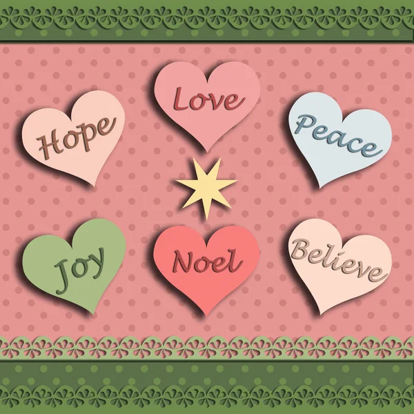 Christmas card with the words hope joy love believe peace noel in hearts. In the middle is the star of Betlehem