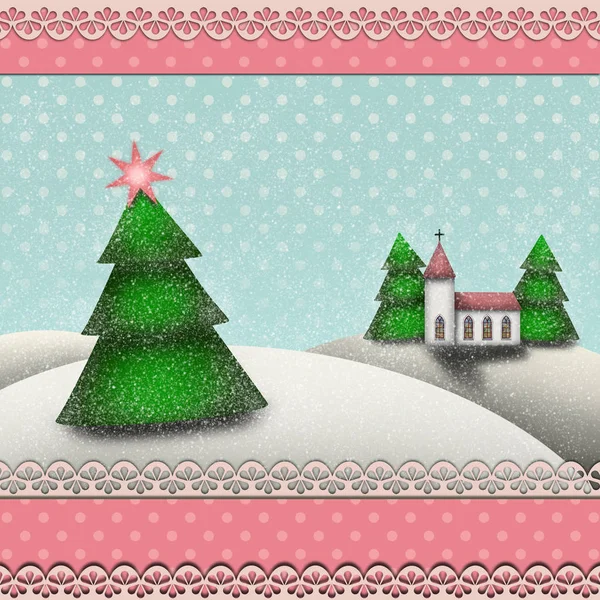 Christmas Winter Landscape Christmas Tree Church Snow — Stock Photo, Image