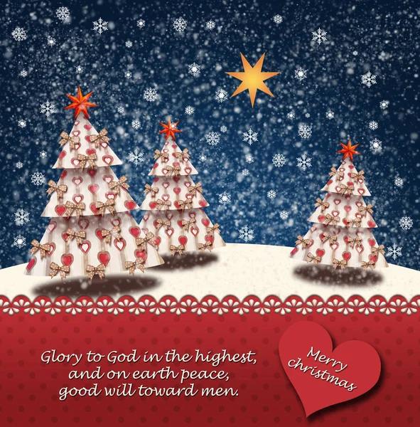 クリスマス ツリーと Betlehem とルーク から聖書の引用の星と雪の風景 — ストック写真