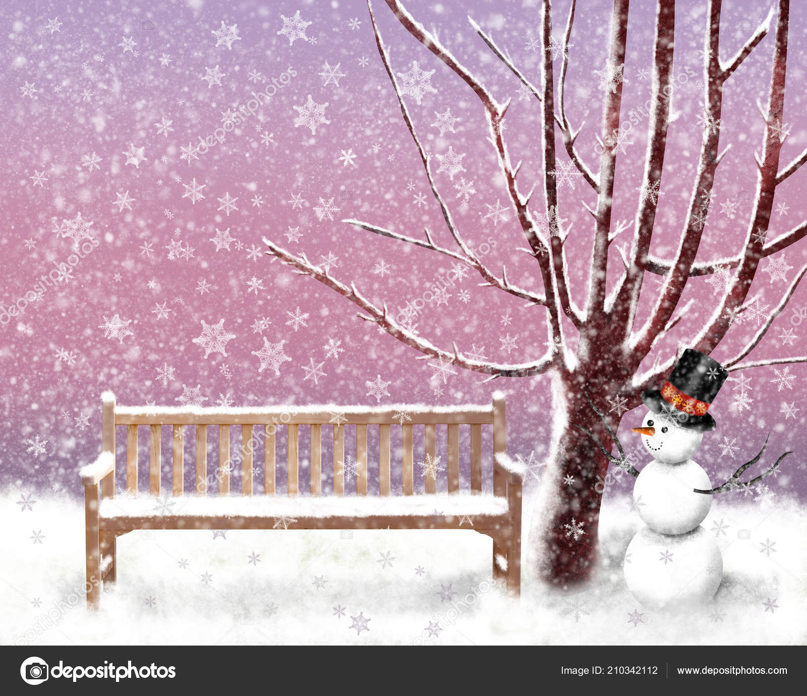 Winter Illustration Winter Garden Snowy Weather Sofa Snowman Tree