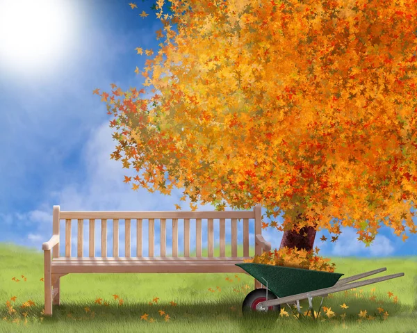 Autumn Illustration Background Fall Landscape Garden Sofa Tree Wheelbarrow — Stock Photo, Image
