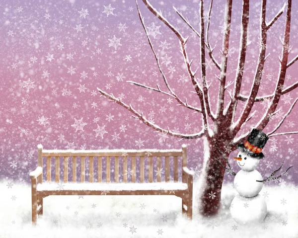 Winter illustration Winter in the garden snowy weather sofa snowman and tree