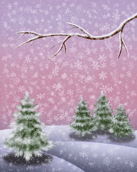 Besneeuwde Winterlandscape Met Vuur Bomen Een Tak Sneeuw Vlokken Verticale — Stockfoto