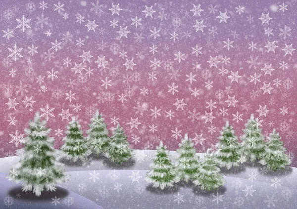Snowy Winterlandscape Fir Trees Pink Sky Snow Flakes Horizontal Image — Stock Photo, Image