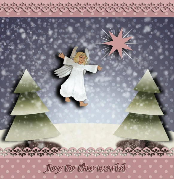 クリスマスの天使と Betlehem クリスマス ツリー 世界に言葉喜びの星 — ストック写真
