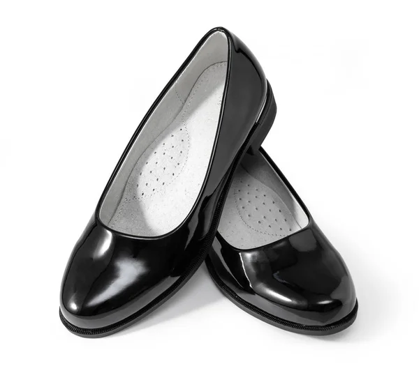 Chaussures Fille Cuir Brillant Noir Isolé Sur Blanc Avec Chemin — Photo