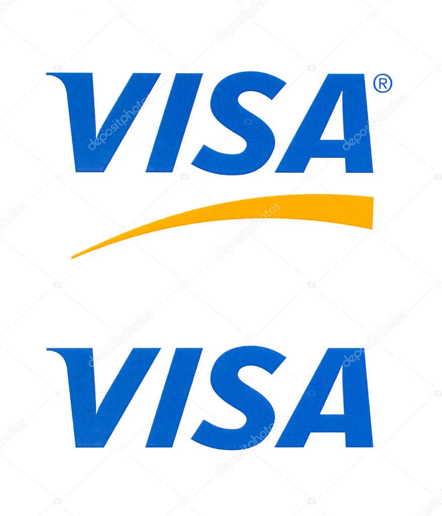 Chisinau, Moldova - September 19, 2018: Visa logo printed on the paper and placed on white background.Visa - American multinational company providing services of payment operations.