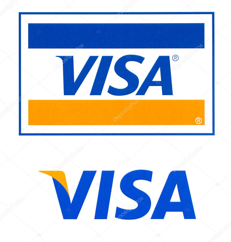 Chisinau, Moldova - September 19, 2018: Visa logo printed on the paper and placed on white background.Visa - American multinational company providing services of payment operations.