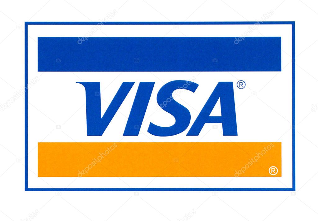 Chisinau, Moldova - September 19, 2018: Visa logo printed on the paper and placed on white background.Visa - American multinational company providing services of payment operations.