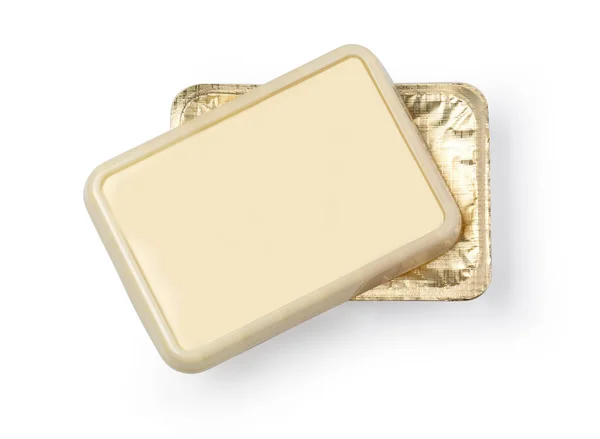 Container Voor Boter Gesmolten Kaas Margarine Verspreid Geïsoleerd Witte Achtergrond — Stockfoto