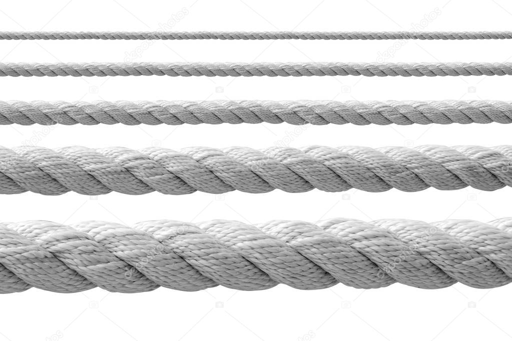 collection of various ropes string on white background. 