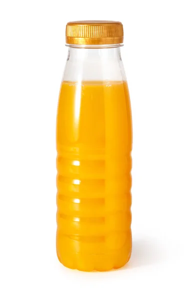 Oranje Drankje Plastik Fles Geïsoleerd Wit Met Uitknippad — Stockfoto