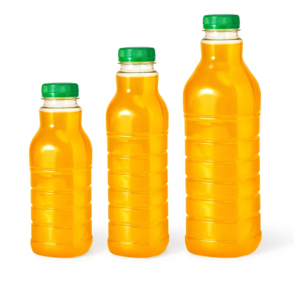 Drie Sinaasappelsap Fles Geïsoleerd Witte Achtergrond — Stockfoto