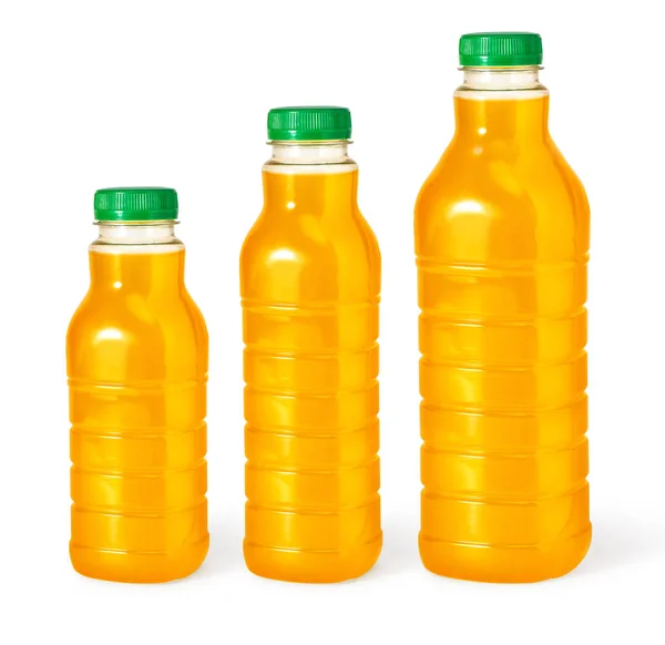 Trois Bouteilles Jus Orange Isolées Sur Fond Blanc — Photo