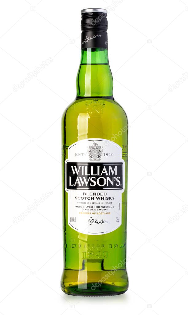 Chisinau, Moldova January, 26, 2016: Bottle William Lawsons  whisky isolated on white background. William Lawsons is blended scotch whisky established in 1849.