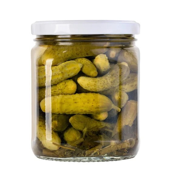 Gepekelde Komkommers Geïsoleerd Augurken Glazen Pot Geïsoleerd Witte Achtergrond Met — Stockfoto