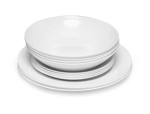 Set Weißer Gerichte Auf Tisch Auf Hellem Hintergrund Mit Clipping — Stockfoto