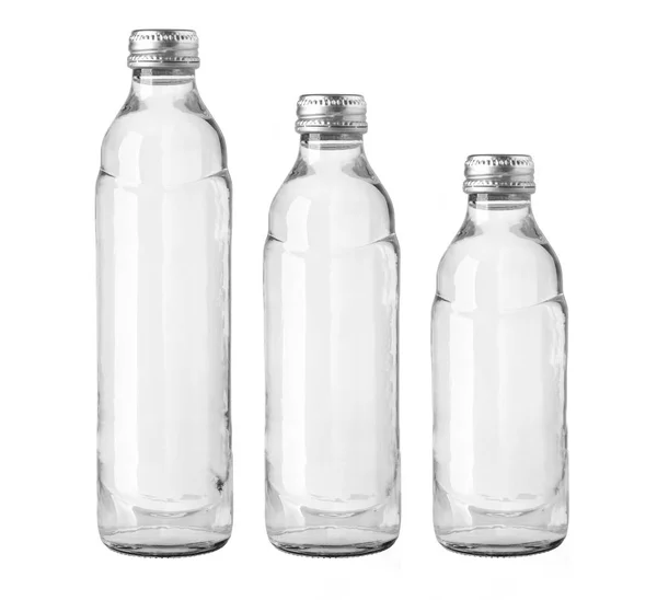 Kleine Wasserflaschen Aus Glas Isoliert Auf Weißem Hintergrund — Stockfoto