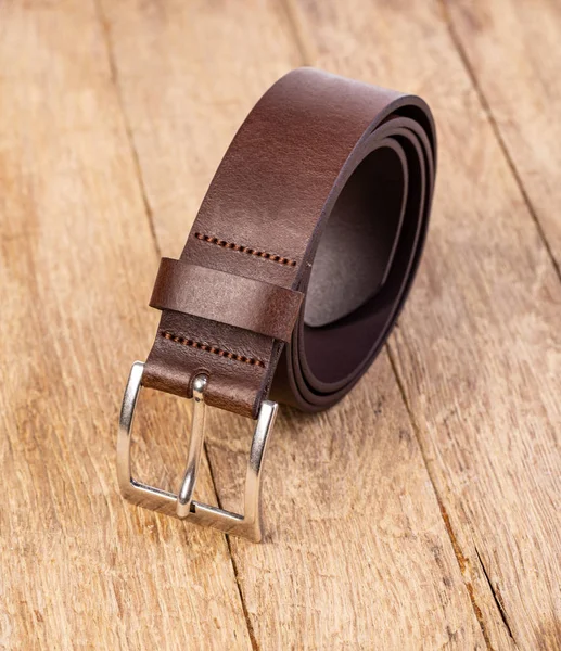 Stylish Leather Belt Wooden Background — Stock Photo, Image
