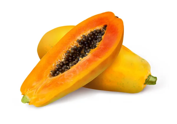 Whole Half Ripe Papaya Fruit Seeds Isolated White Background — Stock Photo, Image