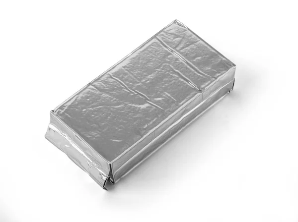 Lege zilver productverpakking op wit — Stockfoto