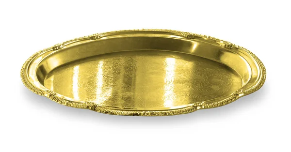 Empty golden tray isolated on white — Stock Photo, Image