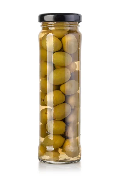 Láhev s olivami na bílém — Stock fotografie