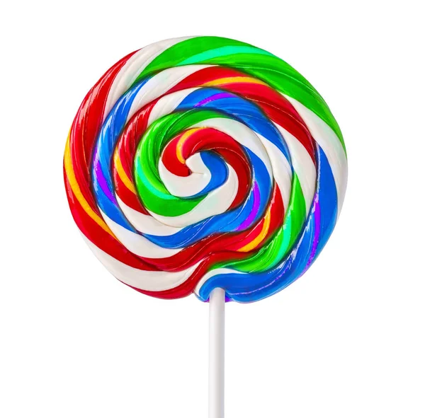 Colorful Rainbow Lollipop Swirl White Stick Isolated White Background — Stock Photo, Image