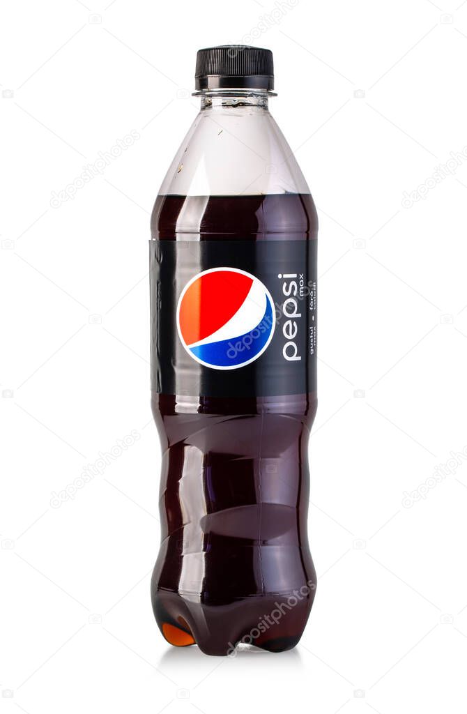 Chisinau, Moldova - April, 26, 2020:  Bottle of Pepsi Cola soft drink on white background.American multinational food and beverage company