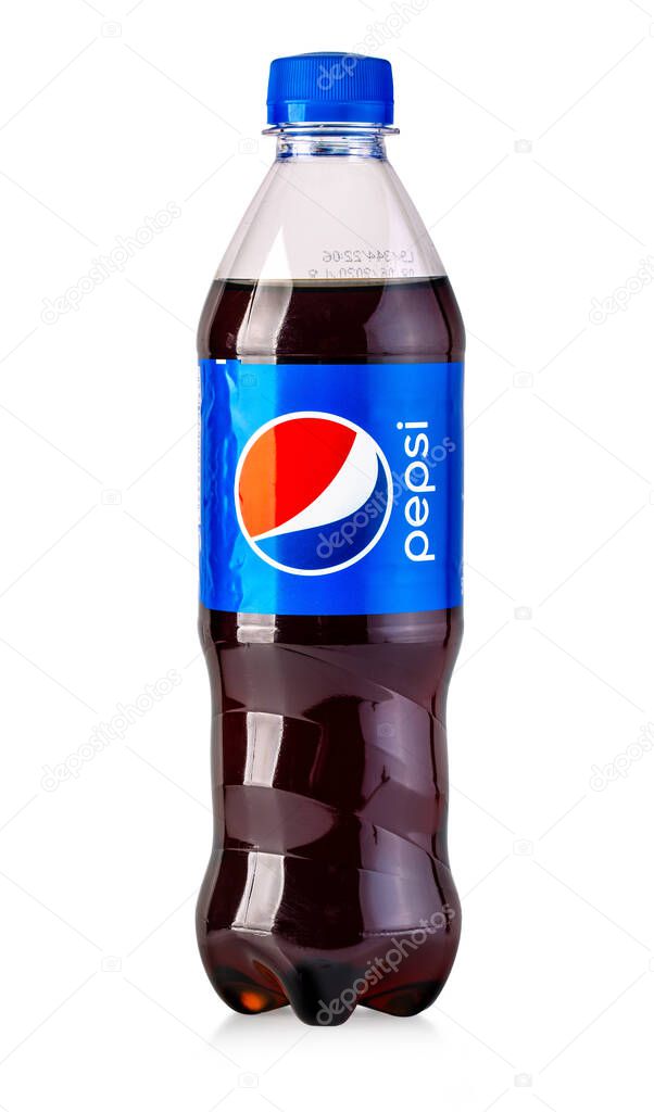 Chisinau, Moldova - April, 26, 2020:  Bottle of Pepsi Cola soft drink on white background.American multinational food and beverage company