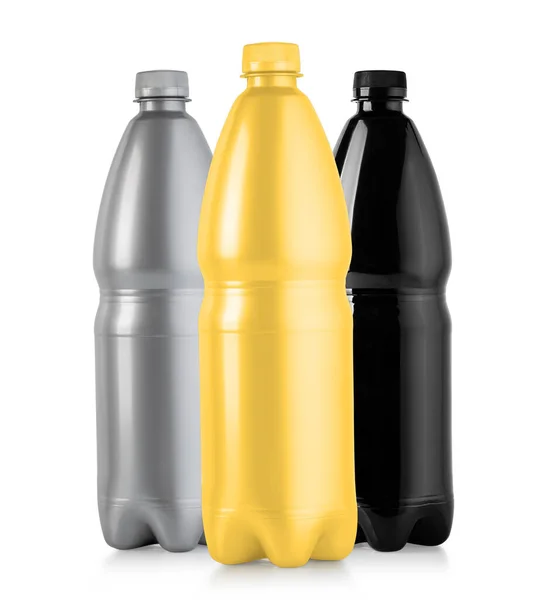 Botellas Plástico Negro Dorado Gris Aisladas Sobre Fondo Blanco Prepárate —  Fotos de Stock
