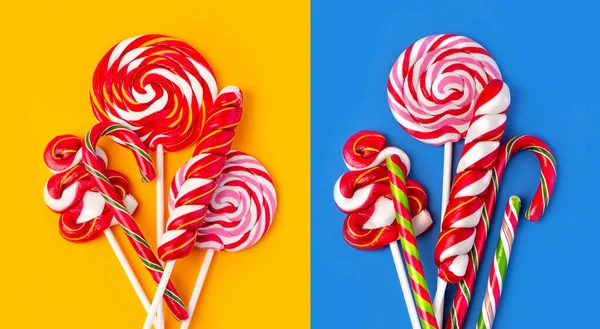 Colorful Lollipop Blue Yellow Background Flat Lay Minimal Concept — Stock Photo, Image