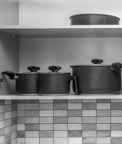 Pots Kitchen Shelves Background — Stock Photo, Image
