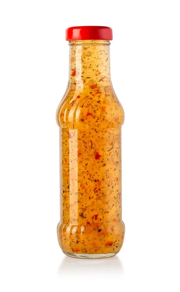 Barbecue Sauzen Glazen Fles Geïsoleerd Met Clipping Pad — Stockfoto