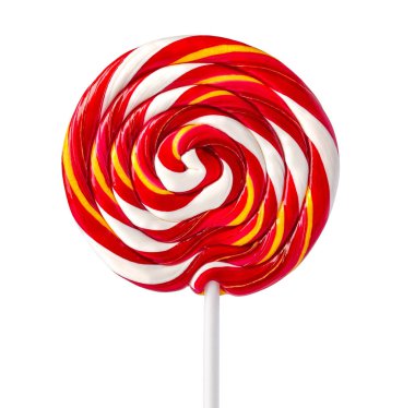 Beyaz arka planda izole edilmiş beyaz çubukta renkli lolipop girdabı