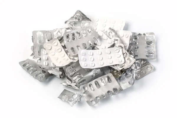 Emballage Vide Pilules Sur Fond Blanc — Photo