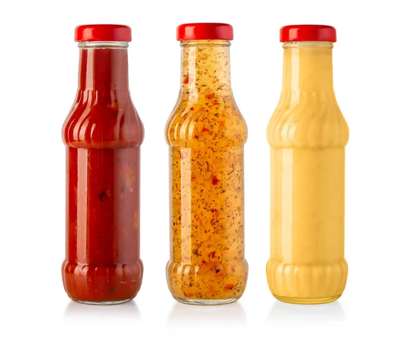 Various Barbecue Sauces Glass Bottles — Stock Photo, Image